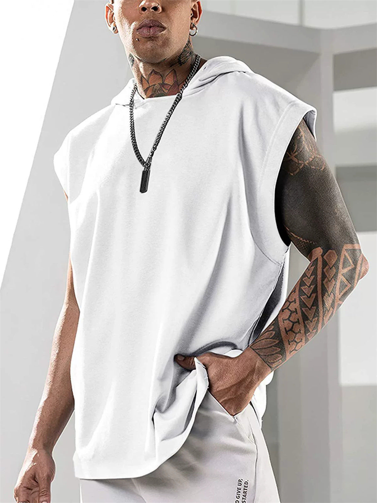 Summer Mens Sleeveless Loose Fitness Hooded Sports Vest
