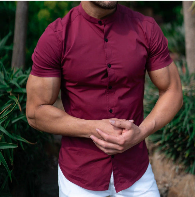Slim Fit Short Sleeve Shirt Summer Men's Solid Color Casual Tops