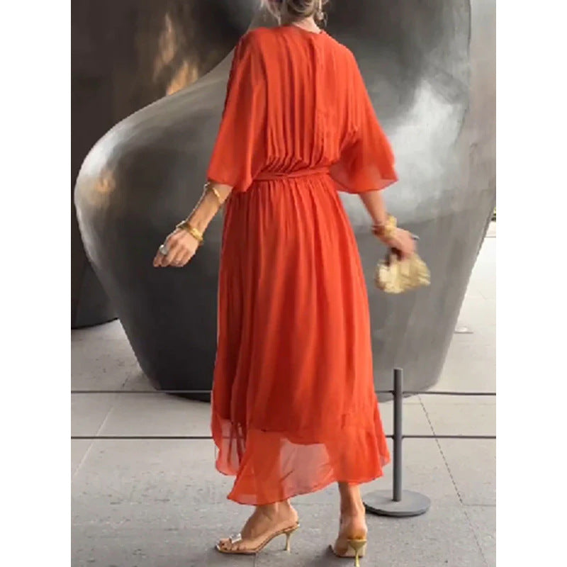 Batwing Sleeve V-neck Dress Summer Pure Color Tied Irregular Long Dresses Womens Clothing